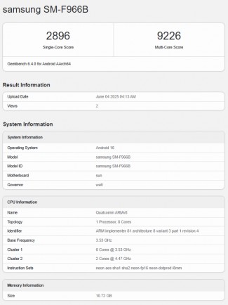 Galaxy Z Fold7 (SM-F966B) listings on Geekbench