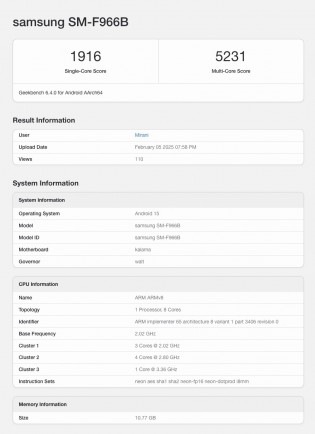 Galaxy Z Fold7 (SM-F966B) listings on Geekbench
