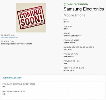 Qi 2.1 certification for the Samsung Galaxy Z Fold7 (SM-D637U)
