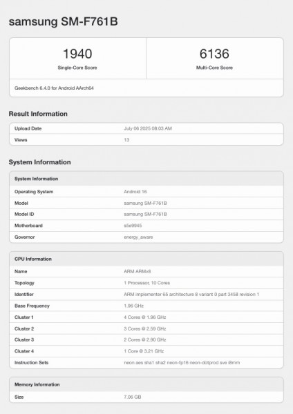 Galaxy Z Flip7 FE (SM-F761B) on Geekbench