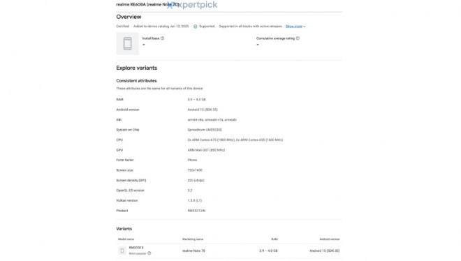 Realme Note 70 (RMX5313) on the Google Play Console