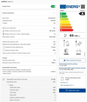 Realme Note 70T EU Energy Label (left) and quick guide (right)