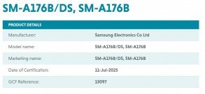 Galaxy A07 (left), Galaxy A17 (center) certifications, Galaxy F17 support page (right)