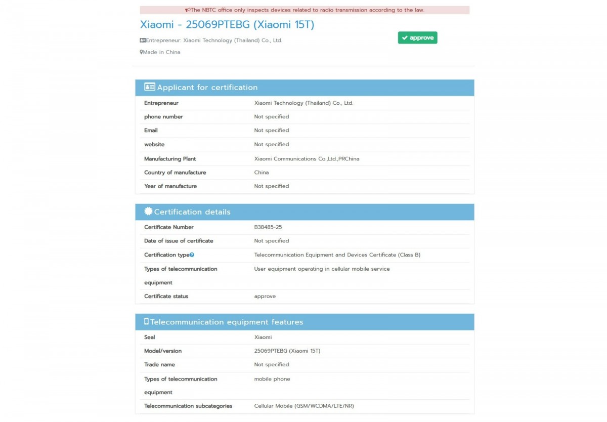 technology Xiaomi 15T NBTC certification