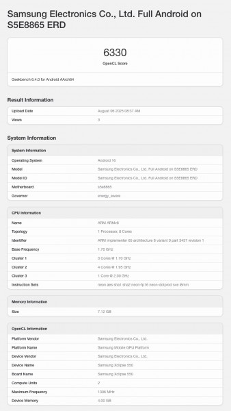 technology Exynos 1680 (S5E8865) listing on Geekbench 6