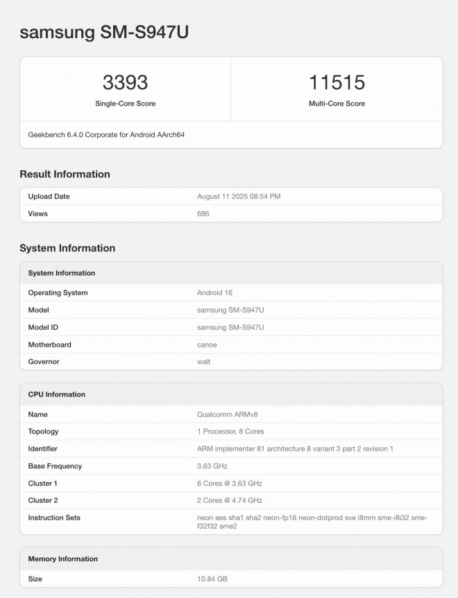 Galaxy S26 Edge (SM-S947U) Geekbench listing