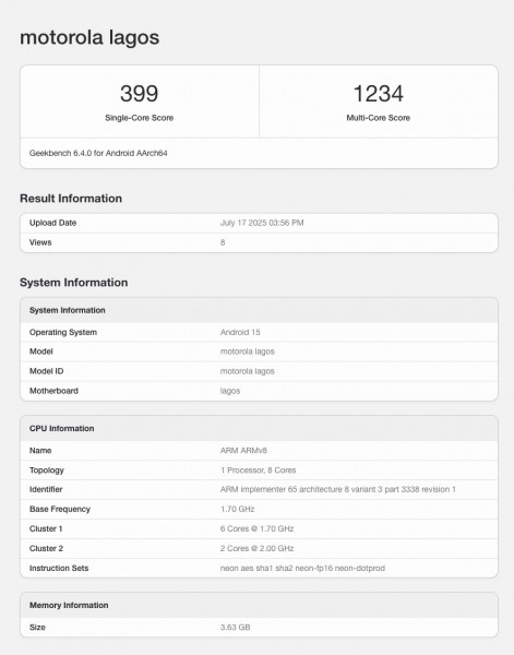 Geekbench on Motorola G06 (XT2535)