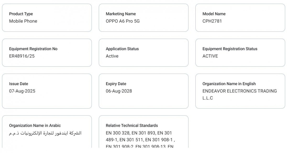 Oppo A6 Pro 5G is certified, key specs out