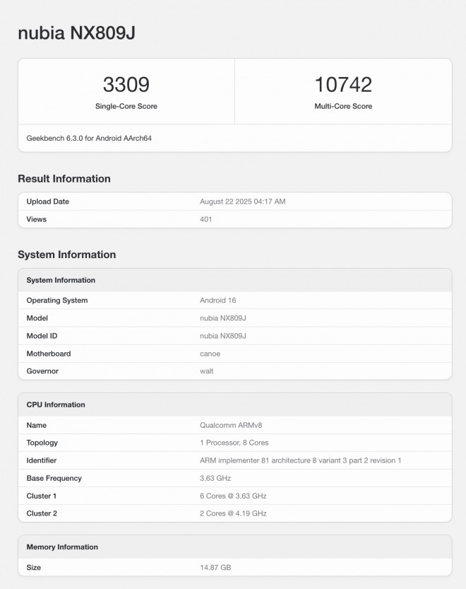 RedMagic 11 Pro (NX809J) Geekbench scorecard