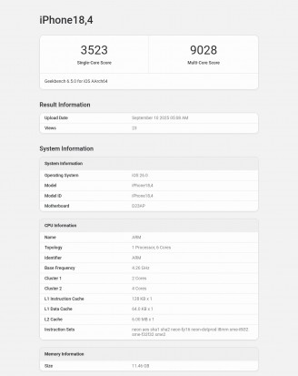 iPhone Air (18,4) Geekbench CPU and GPU scores
