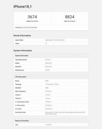 iPhone 17 Pro (18,1) Geekbench CPU and GPU scores