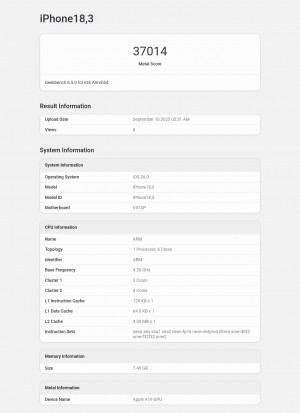 iPhone 17 (18,3) Geekbench CPU and GPU scores