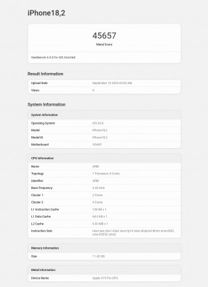 iPhone 17 Pro (18,2) Geekbench CPU and GPU scores