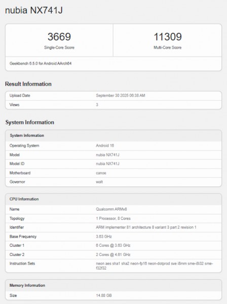 Nubia Z80 Ultra (NX741J) on Geekbench