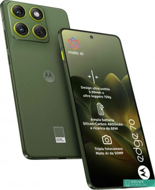 Motorola Edge 70 in Pantone Bronze Green (left) and Pantone Lily Pad (right).