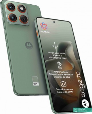 Motorola Edge 70 in Pantone Bronze Green (left) and Pantone Lily Pad (right).