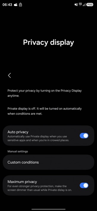 The settings menu for the new Privacy Display feature