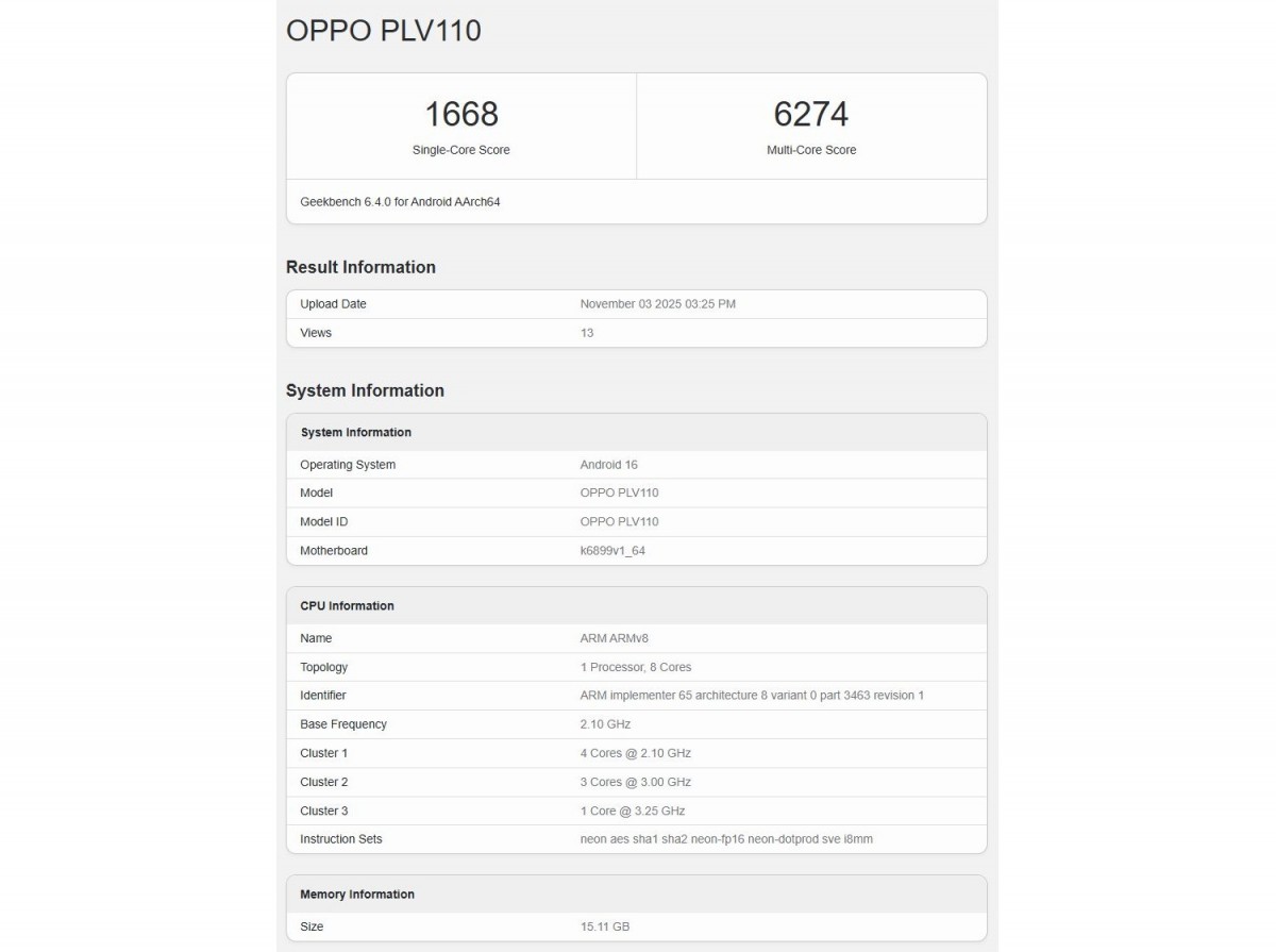 Oppo Reno15 çalışırken Geekbench, yonga seti ve bellek miktarını ortaya çıkarıyor