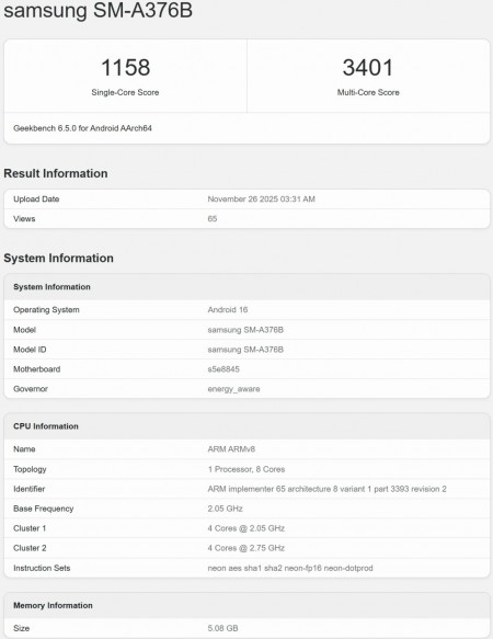 Samsung Galaxy A37 on Geekbench