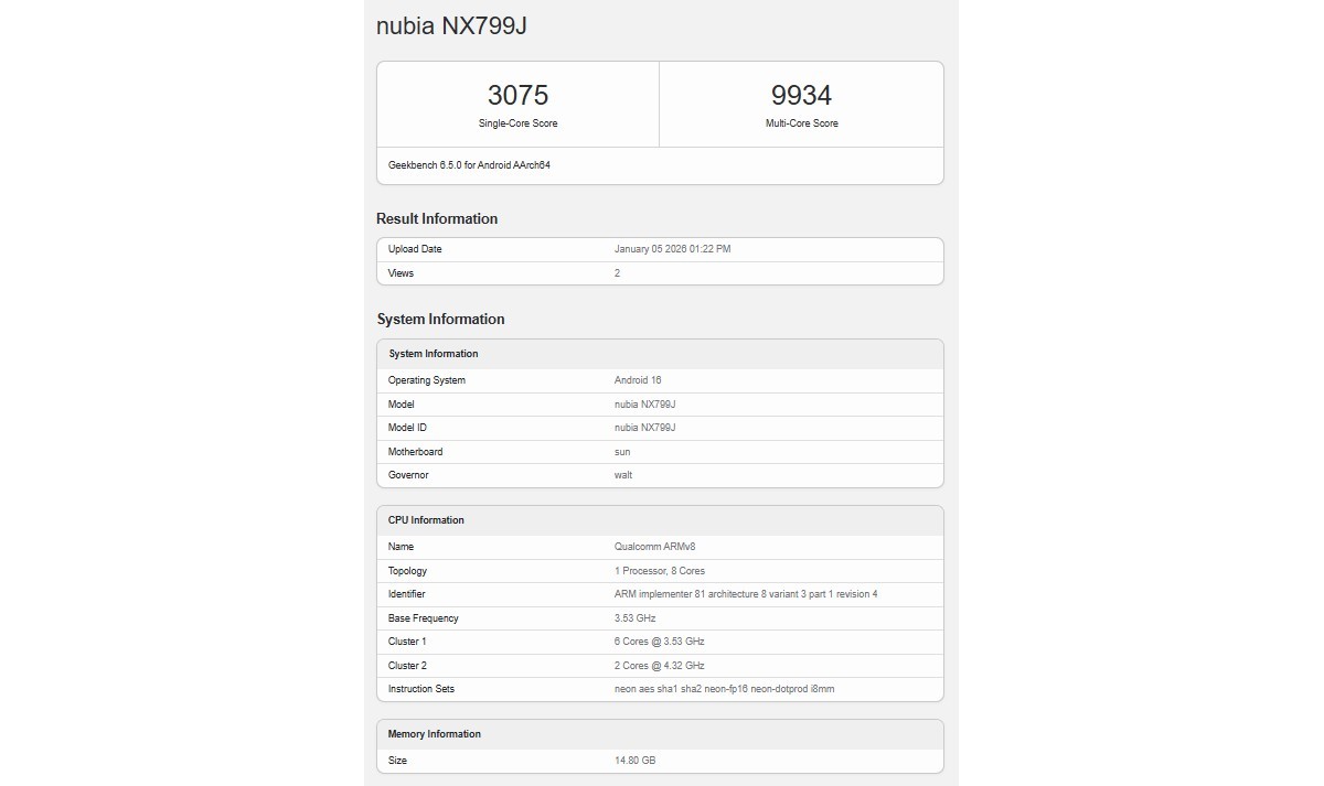 RedMagic 11 Air seemingly runs Geekbench confirming its chipset and RAM amount