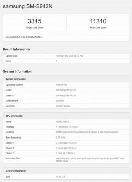 Samsung Galaxy S26 (SM-S942N) for South Korea: Geekbench 6.5.0 result
