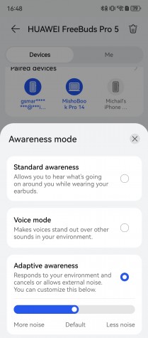 Huawei AI Life app, ANC and awareness mode controls