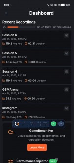GameBench FPS Monitor displays performance data and session results