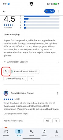 Google Play Store's new search bar for reviews