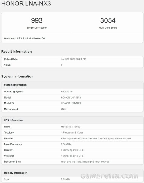 Alleged Honor 600e pops up on Geekbench with key specs