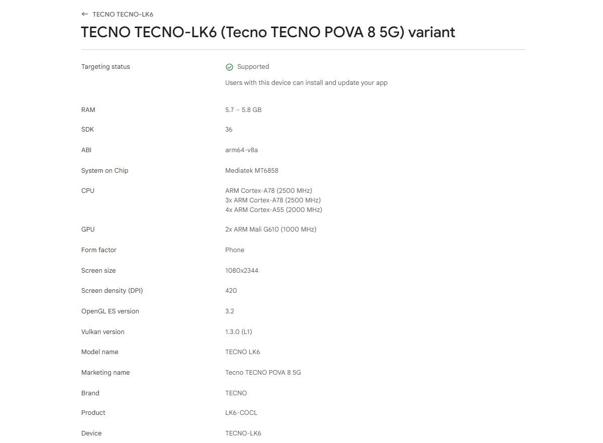 Tecno Pova 8 5G shows up in the Google Play Console confirming its main specs