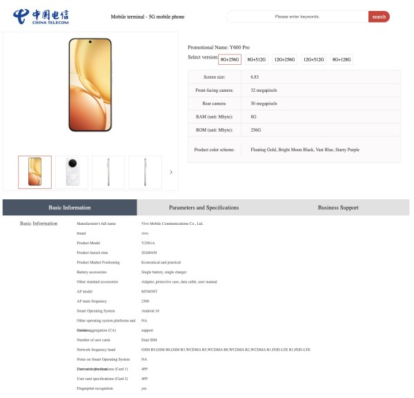Vivo Y600 Pro Listing 