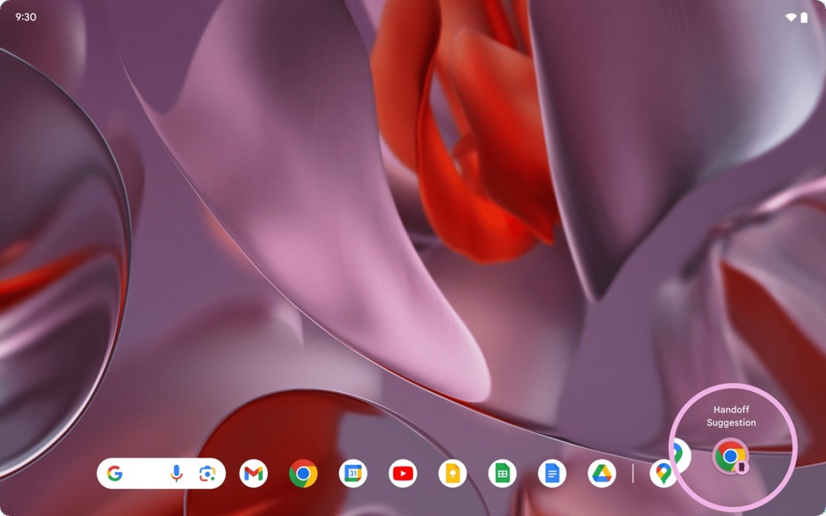 Handoff suggestion appears in the tablet's taskbar
