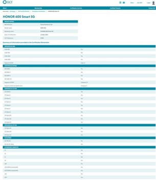 Honor 600 Smart 5G certifications