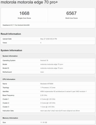 Motorola Edge 70 Pro+ on Geekbench