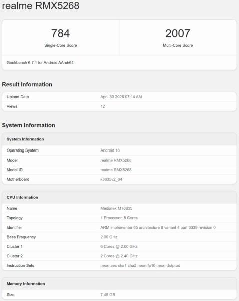Alleged Realme 16T appears on Geekbench with key specs