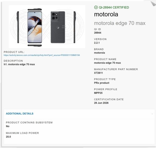 Motorola Edge 70 Max gets Qi2 25W certified by WPC