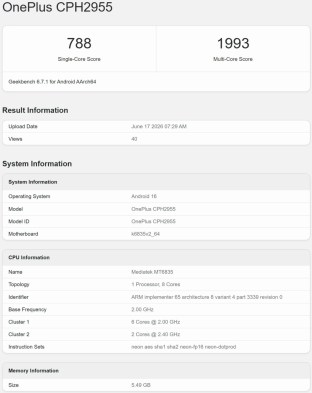 OnePlus CPH2955 on Geekbench