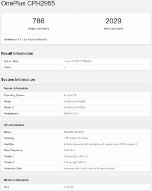 OnePlus CPH2955 on Geekbench