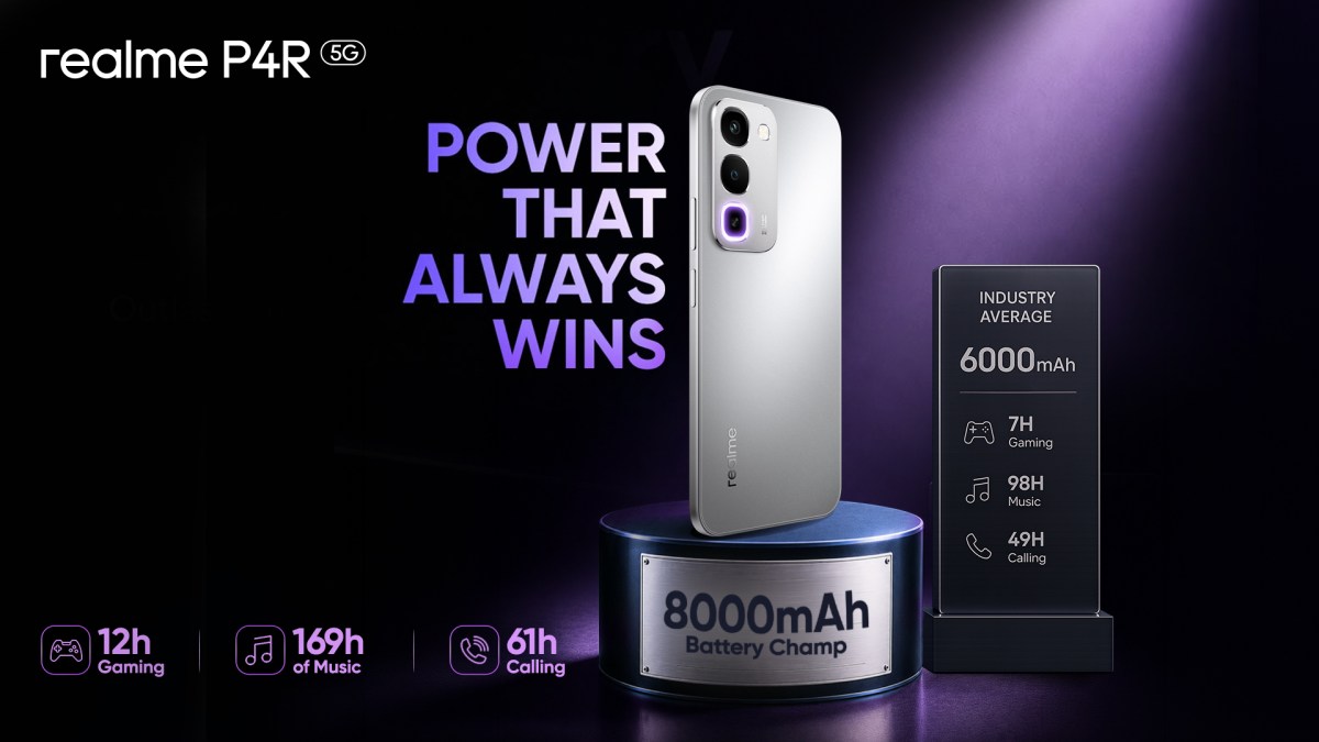 The Realme P4R has an 8,000mAh battery that can last up to 12 hours of gaming