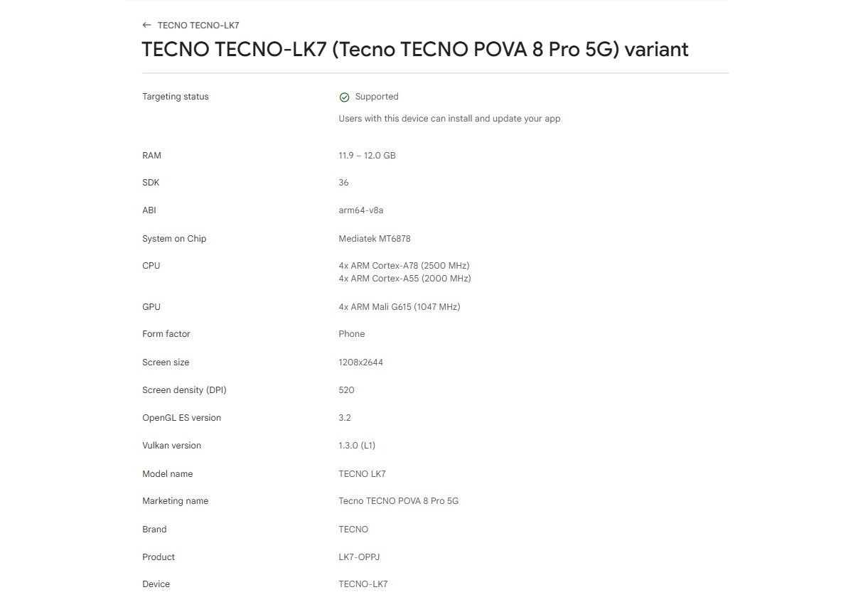 Tecno Pova 8 Pro 5G shows up in the Google Play Console, here's what it looks like