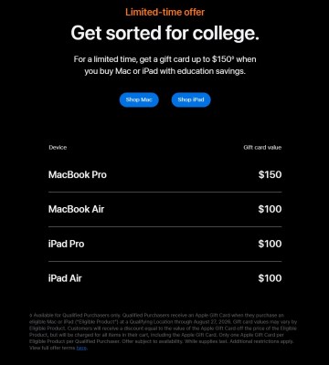 Apple's back to school promo offers gift cards if you buy select MacBook or iPad models