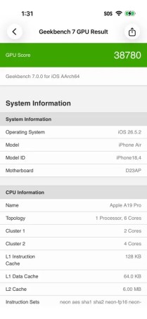 iPhone Air Geekbench 7 test run