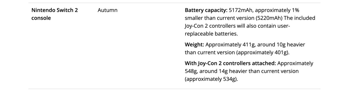 Nintendo Switch 2 updated battery specifications