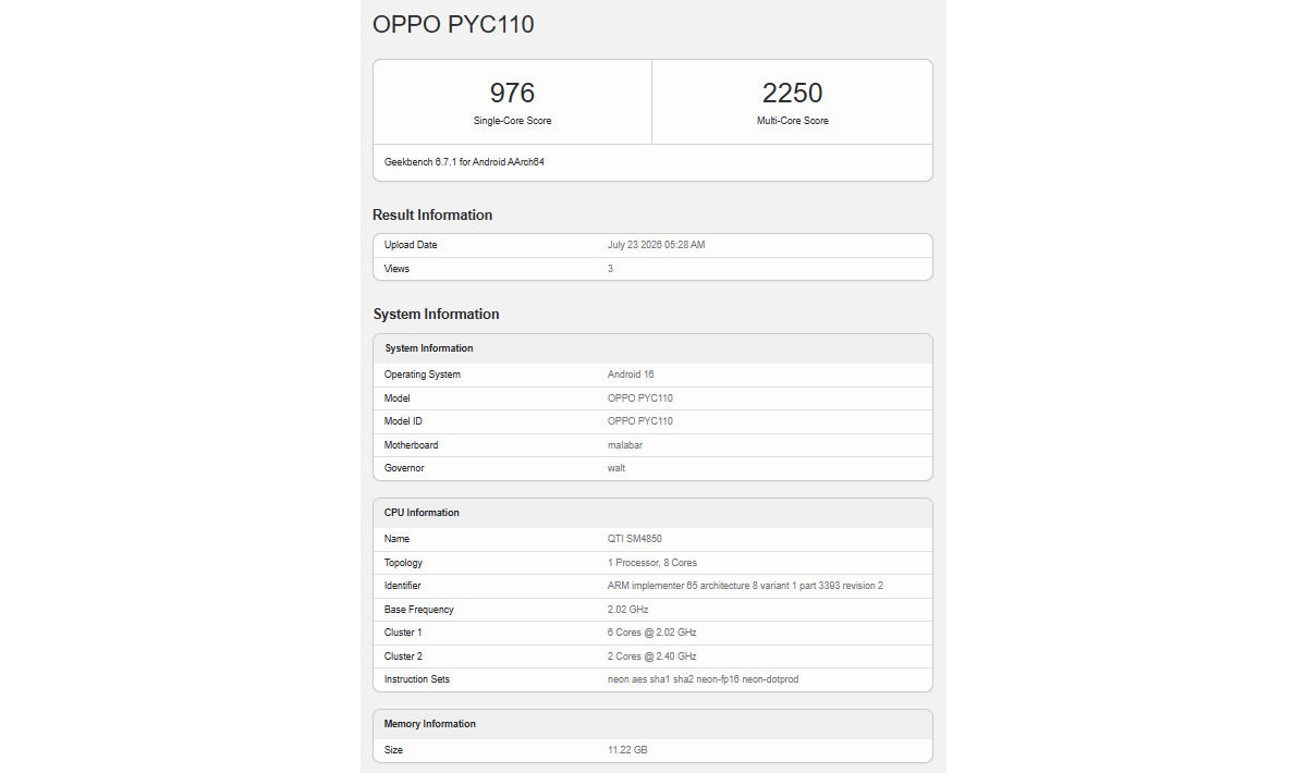 Oppo A7 Pro Max might have just run Geekbench, confirming its SoC and RAM amount