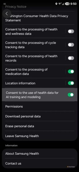Samsung Health data consent toggle