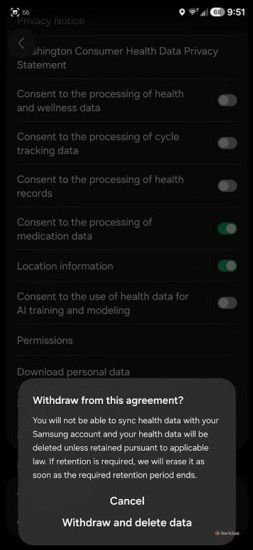 Pop up warning deletion of Samsung Health data