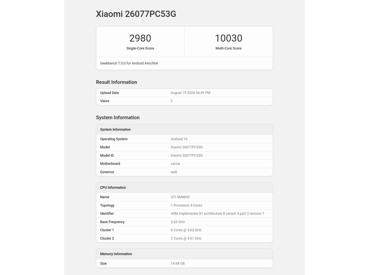 Poco F9 Ultra runs Geekbench confirming its chipset and RAM amount