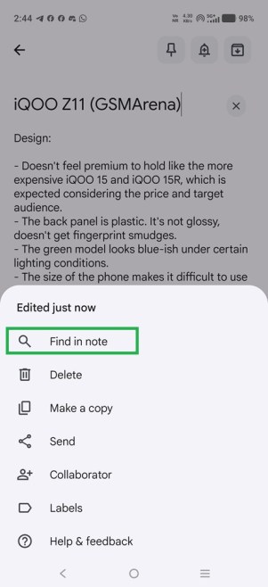Google Keep for Android gets ''Find in note'' feature