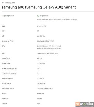 Samsung Galaxy A08 image and specs from the Google Play Console
