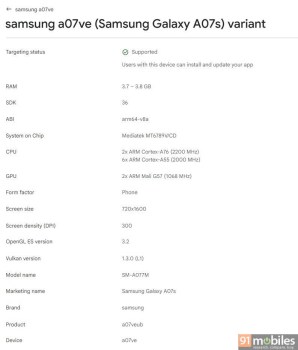 Samsung Galaxy A07s image and specs from the Google Play Console